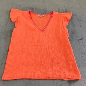 Lisa Todd Womens XS Orange Cotton Gauze Flutter Sleeve Whipstitch V-Neck Top